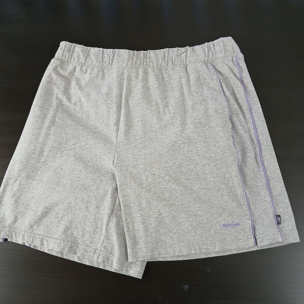 Reebok Grey Jersey Gym Shorts XL purple trim high rise drawstring pockets